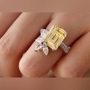 Gorgeous 925 Silver Citrine White Sapphire Square Flower cocktail Ring Size 7
